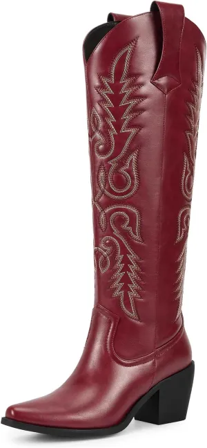 wetkiss Womens Cowboy Boots Side Zipper Ladies Cowgirl Knee High Boots,Comfortable Retro Tall Vintage Embroidery Pointed Toe Block Chunky Heel