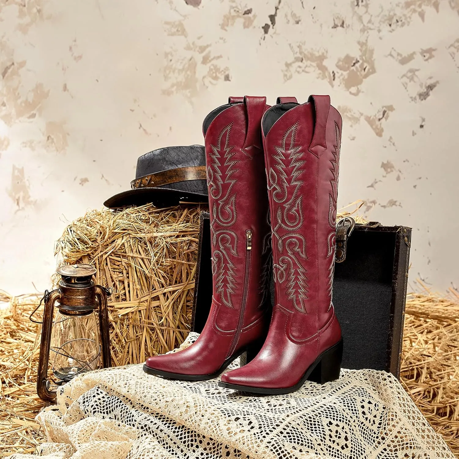 wetkiss Womens Cowboy Boots Side Zipper Ladies Cowgirl Knee High Boots,Comfortable Retro Tall Vintage Embroidery Pointed Toe Block Chunky Heel