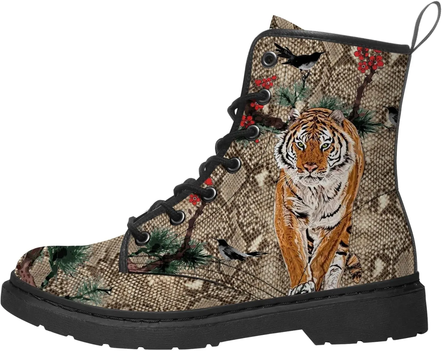 Winter Boots for Men Women,Custom Fashion Combat Boots Tiger Print with Snake Skin Pattern Work Shoes Gifts for Dad Boyfriend,US Size 4 Men/5.5 Women
