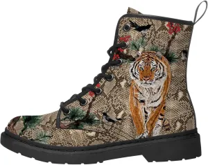 Winter Boots for Men Women,Custom Fashion Combat Boots Tiger Print with Snake Skin Pattern Work Shoes Gifts for Dad Boyfriend,US Size 4 Men/5.5 Women