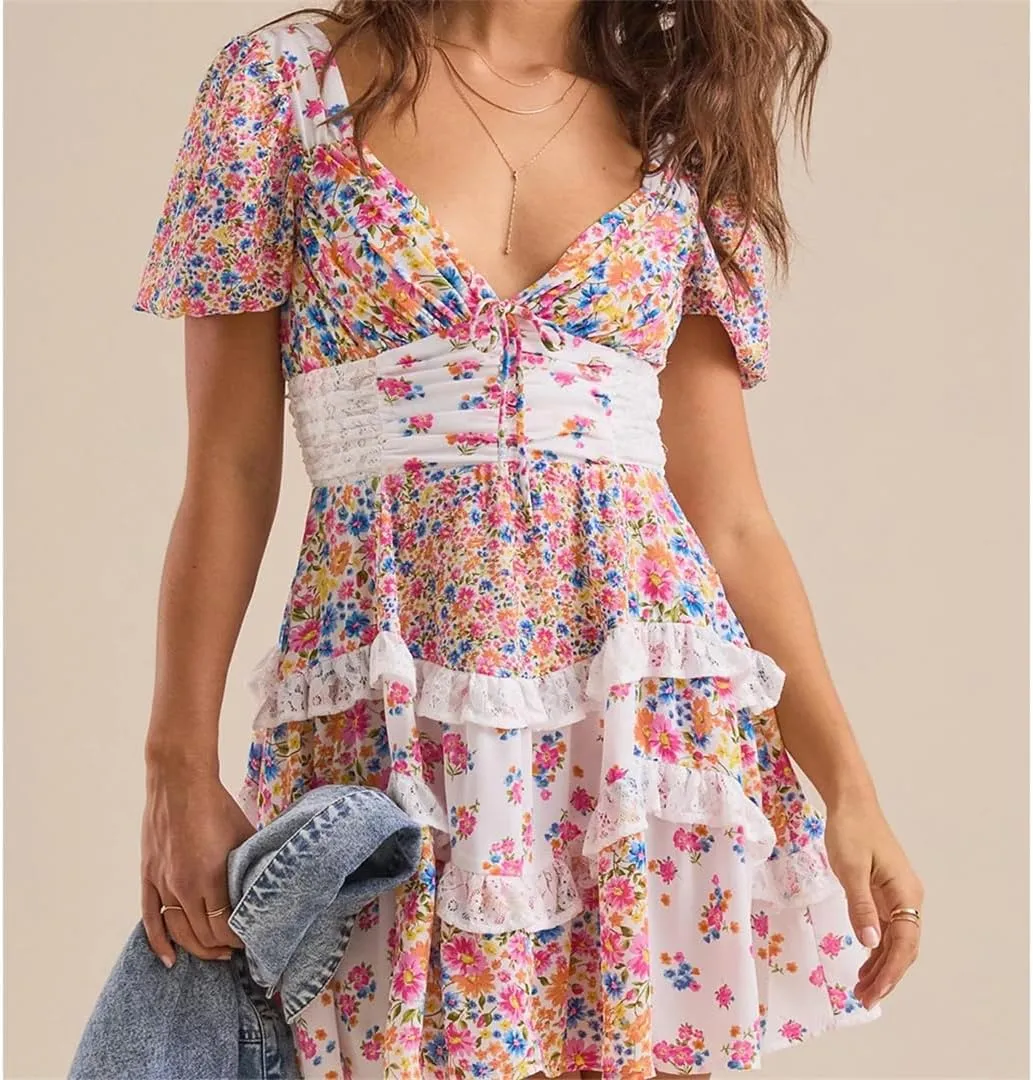 Women Boho Flower Print Spliced Lace Slim Waist Backless Half Puff Sleeve Dresses Holiday Deep V Neck Mini Dresses