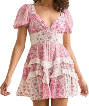 Women Boho Flower Print Spliced Lace Slim Waist Backless Half Puff Sleeve Dresses Holiday Deep V Neck Mini Dresses