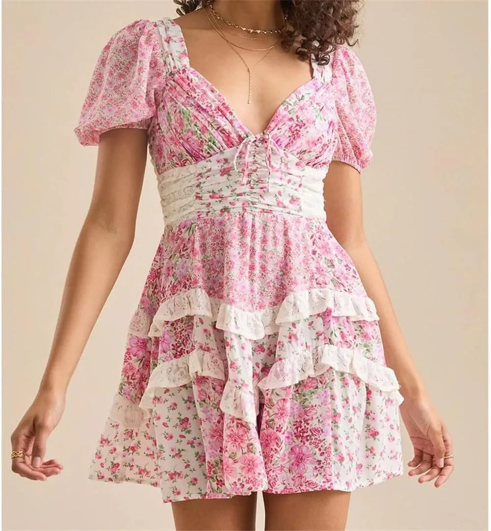 Women Boho Flower Print Spliced Lace Slim Waist Backless Half Puff Sleeve Dresses Holiday Deep V Neck Mini Dresses