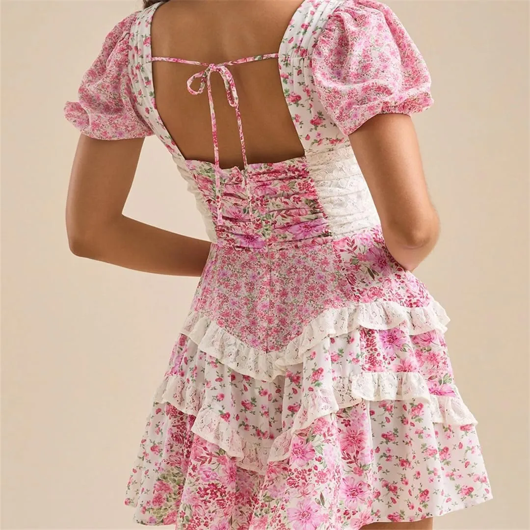 Women Boho Flower Print Spliced Lace Slim Waist Backless Half Puff Sleeve Dresses Holiday Deep V Neck Mini Dresses