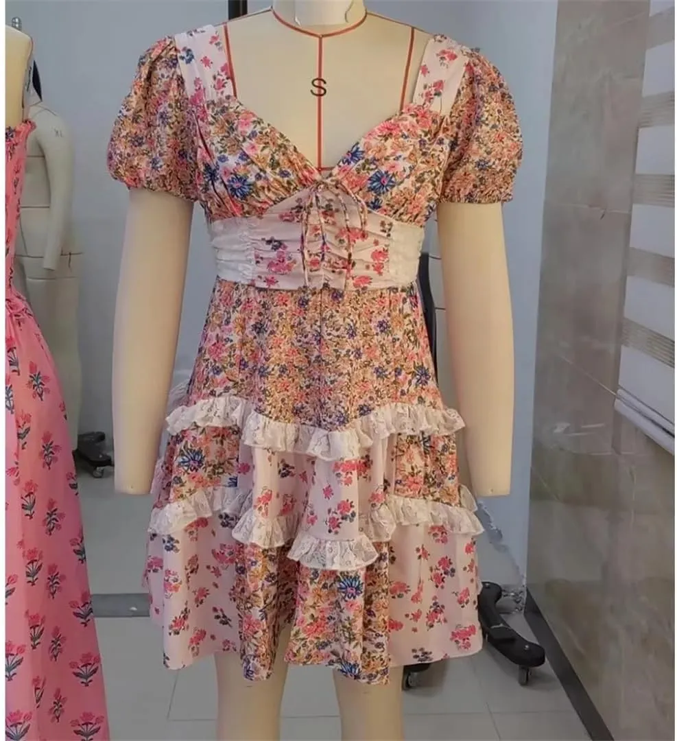 Women Boho Flower Print Spliced Lace Slim Waist Backless Half Puff Sleeve Dresses Holiday Deep V Neck Mini Dresses