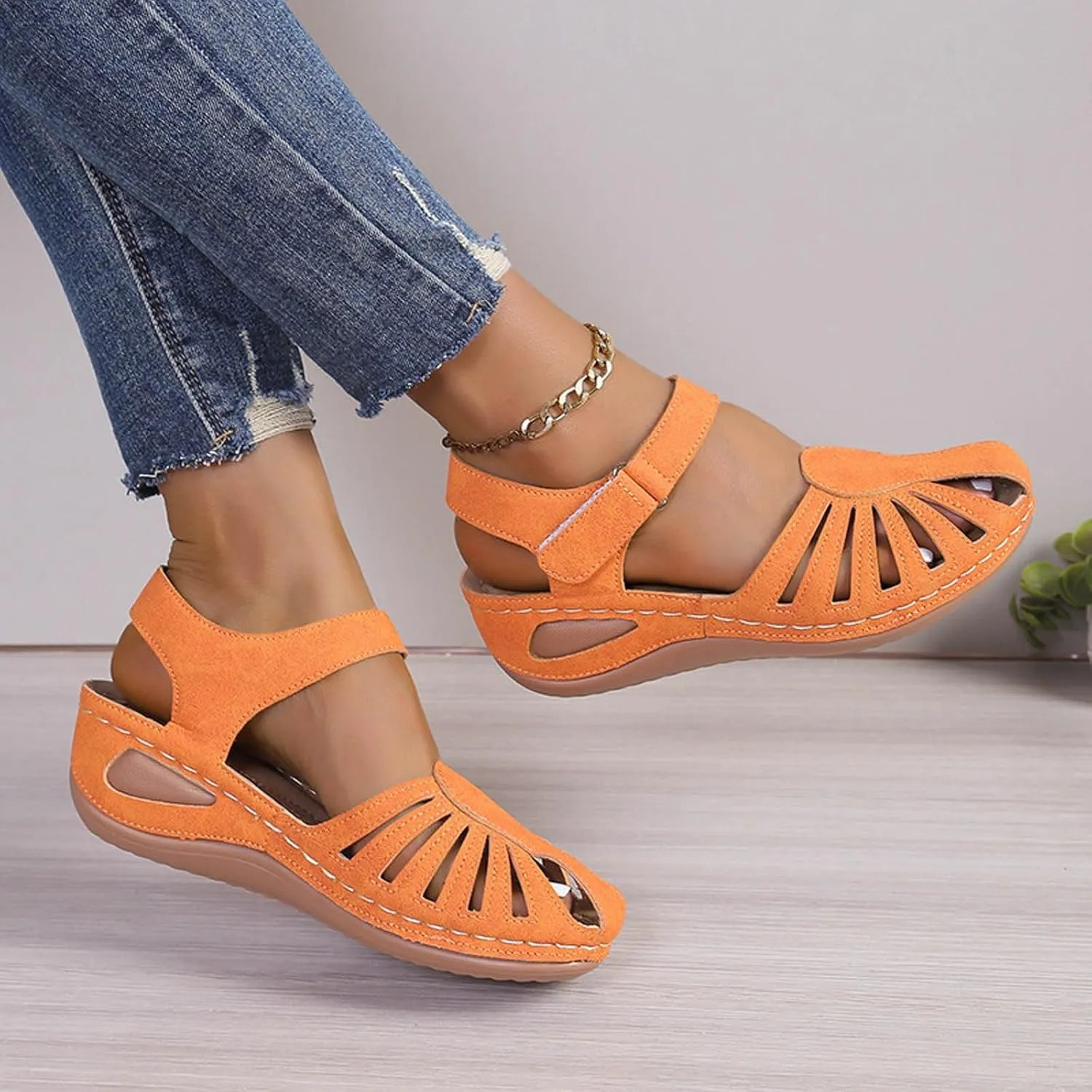 Women Close Toe Walking Sandals Dress Summer Wedges Heels for Women Ankle Strap Orthopedic Sandals Hollow Beach Shoes