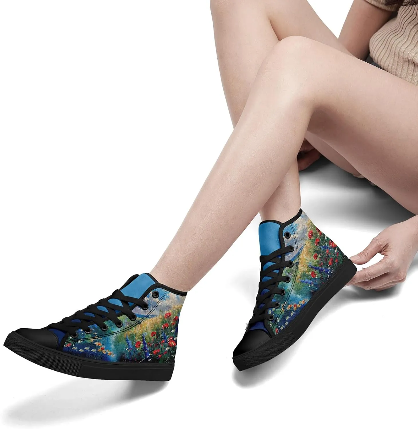Women Fashion Floral Canvas High top Shoes Flower Lady Flat Walking Casual Shoes Comfortable and Stylish Footwear