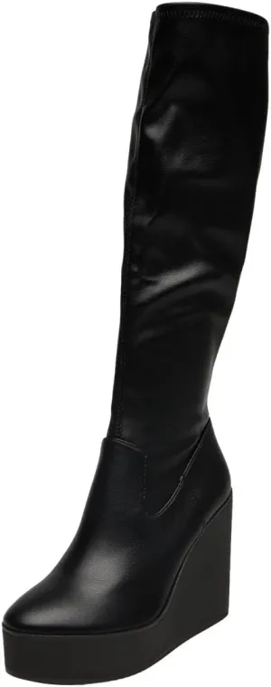 Women Round Toe Platform Knee High Boots Side Zipper Wedge High Heel Stretchy Winter Party Event Long Boots Size 4-16 US
