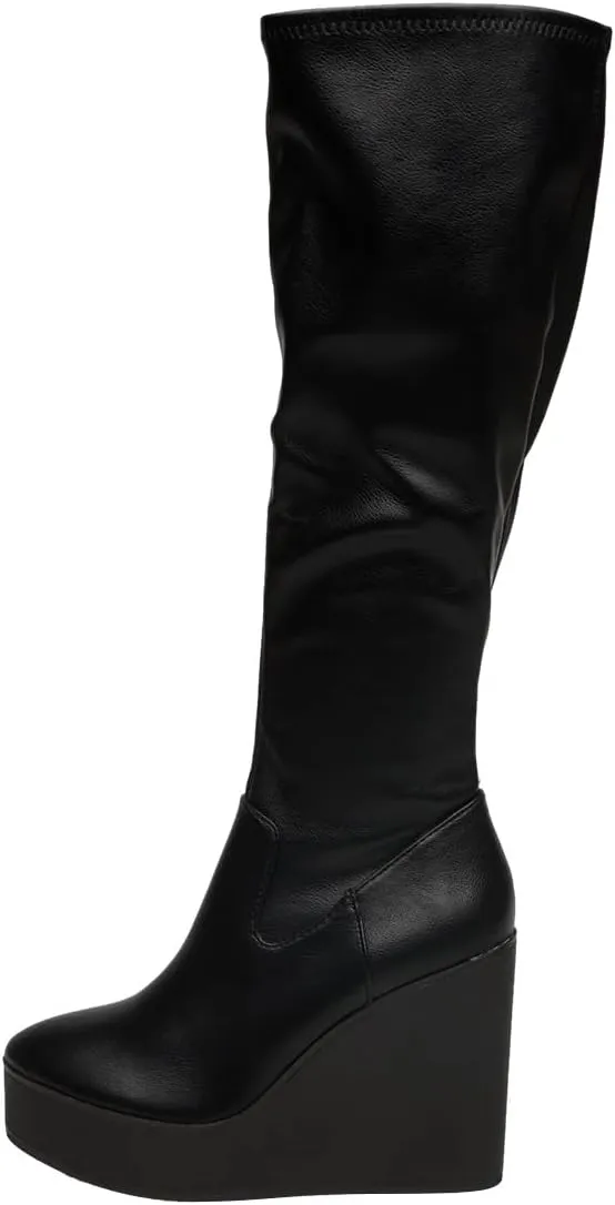 Women Round Toe Platform Knee High Boots Side Zipper Wedge High Heel Stretchy Winter Party Event Long Boots Size 4-16 US