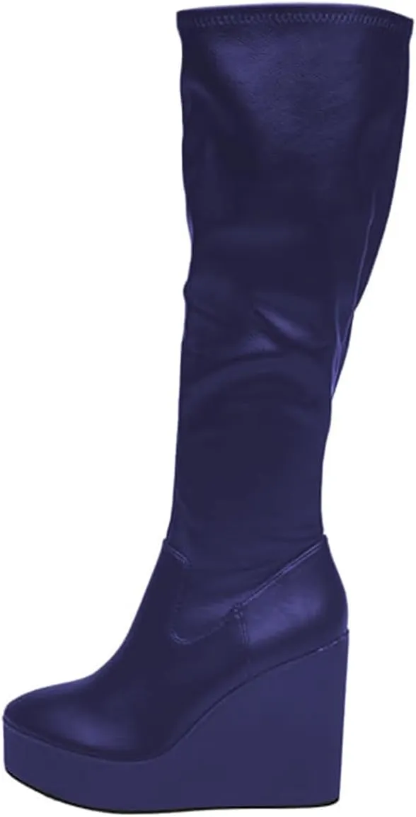 Women Round Toe Platform Knee High Boots Side Zipper Wedge High Heel Stretchy Winter Party Event Long Boots Size 4-16 US