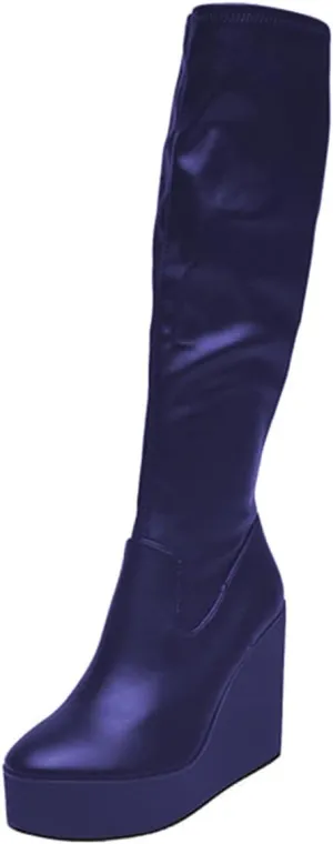Women Round Toe Platform Knee High Boots Side Zipper Wedge High Heel Stretchy Winter Party Event Long Boots Size 4-16 US