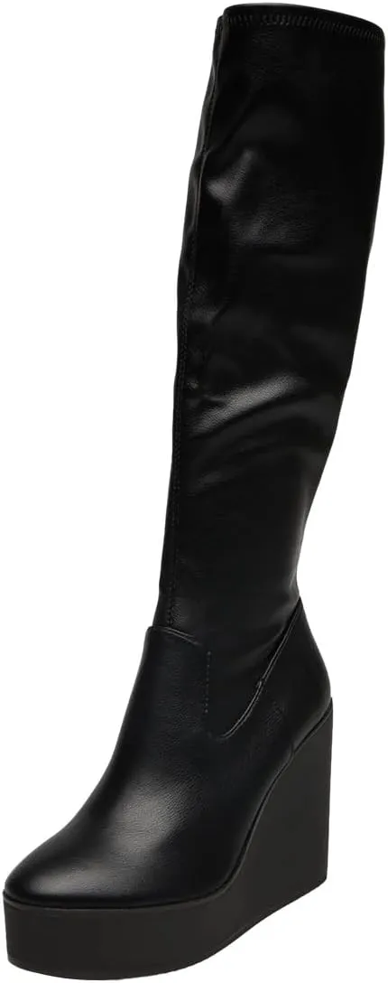Women Round Toe Platform Knee High Boots Side Zipper Wedge High Heel Stretchy Winter Party Event Long Boots Size 4-16 US