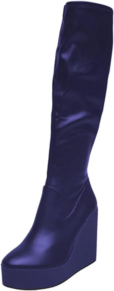 Women Round Toe Platform Knee High Boots Side Zipper Wedge High Heel Stretchy Winter Party Event Long Boots Size 4-16 US