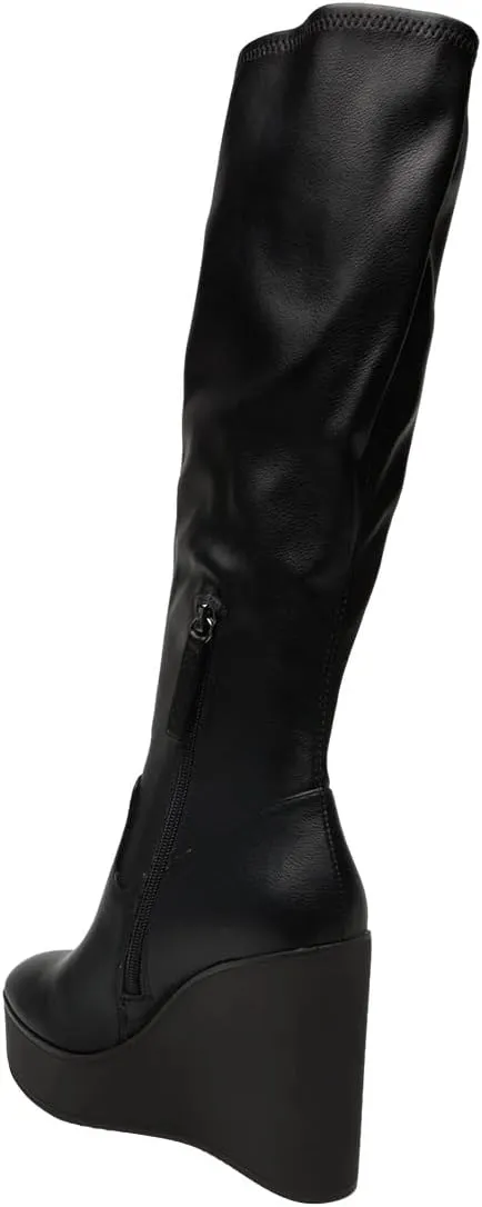 Women Round Toe Platform Knee High Boots Side Zipper Wedge High Heel Stretchy Winter Party Event Long Boots Size 4-16 US