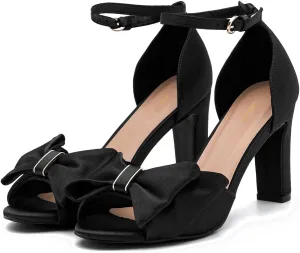 Women Satin Heeled Sandals with Bows Open Round Toe 3 Inch Chunky Block High Heels Dress Sandals Buckled Ankle Strap Peep Toe Vintage Dressy Bridal Wedding Party Office Summer Shoe 4-11 M US