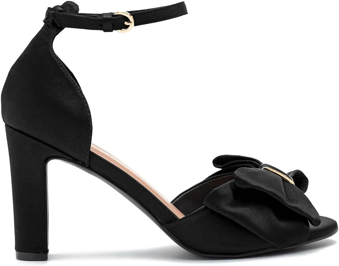 Women Satin Heeled Sandals with Bows Open Round Toe 3 Inch Chunky Block High Heels Dress Sandals Buckled Ankle Strap Peep Toe Vintage Dressy Bridal Wedding Party Office Summer Shoe 4-11 M US