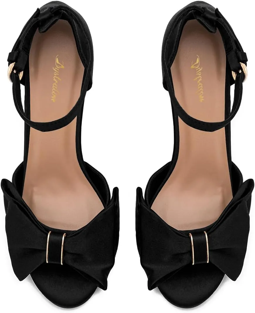 Women Satin Heeled Sandals with Bows Open Round Toe 3 Inch Chunky Block High Heels Dress Sandals Buckled Ankle Strap Peep Toe Vintage Dressy Bridal Wedding Party Office Summer Shoe 4-11 M US