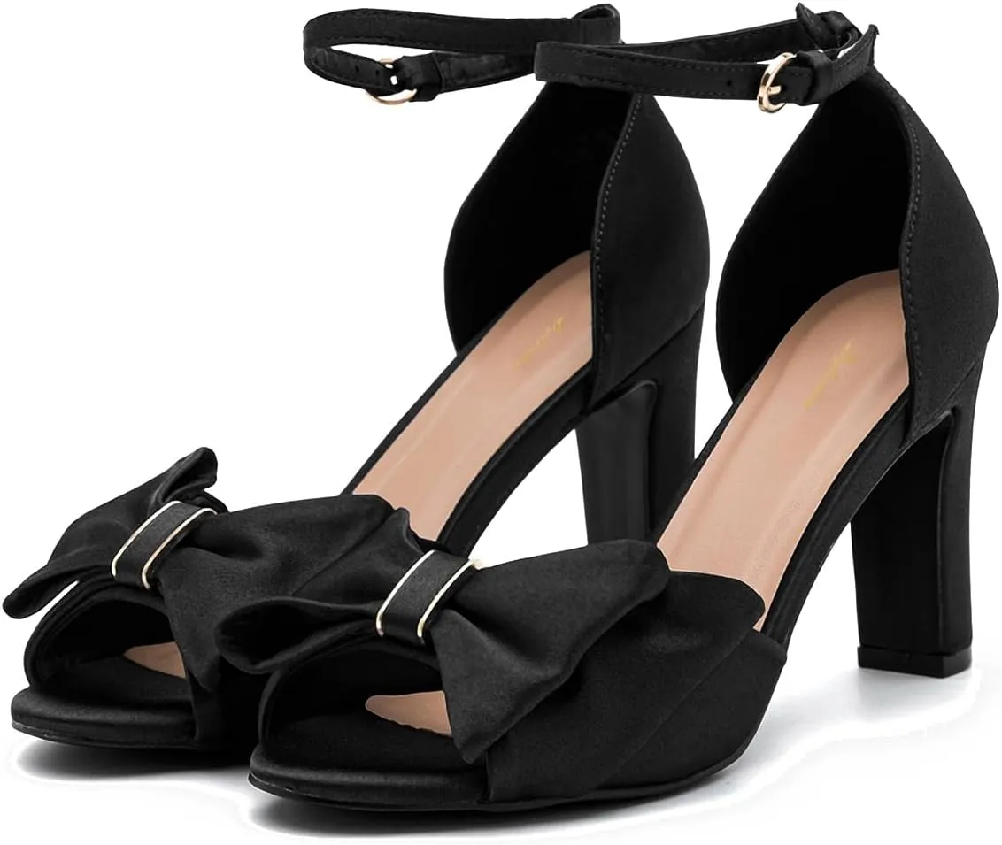 Women Satin Heeled Sandals with Bows Open Round Toe 3 Inch Chunky Block High Heels Dress Sandals Buckled Ankle Strap Peep Toe Vintage Dressy Bridal Wedding Party Office Summer Shoe 4-11 M US