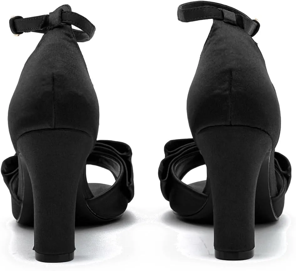 Women Satin Heeled Sandals with Bows Open Round Toe 3 Inch Chunky Block High Heels Dress Sandals Buckled Ankle Strap Peep Toe Vintage Dressy Bridal Wedding Party Office Summer Shoe 4-11 M US