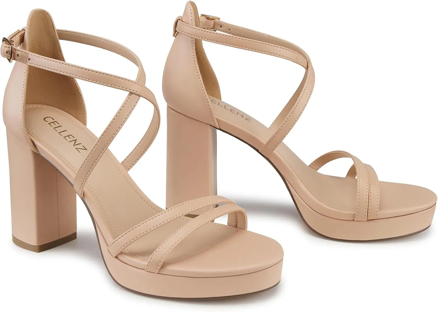 Women Strappy Platform Heels: 3.4 Inch Chunky Heeled Sandals, Comfortable Sexy Block High Heels, for Prom Party Bridal Wedding Black White Silver Nude Dressy Shoes