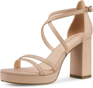 Women Strappy Platform Heels: 3.4 Inch Chunky Heeled Sandals, Comfortable Sexy Block High Heels, for Prom Party Bridal Wedding Black White Silver Nude Dressy Shoes