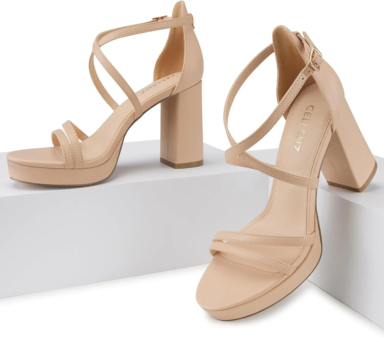 Women Strappy Platform Heels: 3.4 Inch Chunky Heeled Sandals, Comfortable Sexy Block High Heels, for Prom Party Bridal Wedding Black White Silver Nude Dressy Shoes