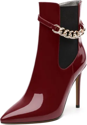 Women's Ankle Boots, Pointed Toe High Heel Short Boots, Side Zip Fashion Chain Strap Ankle High Boot for Women