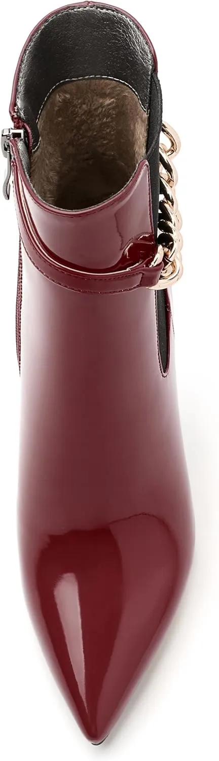 Women's Ankle Boots, Pointed Toe High Heel Short Boots, Side Zip Fashion Chain Strap Ankle High Boot for Women