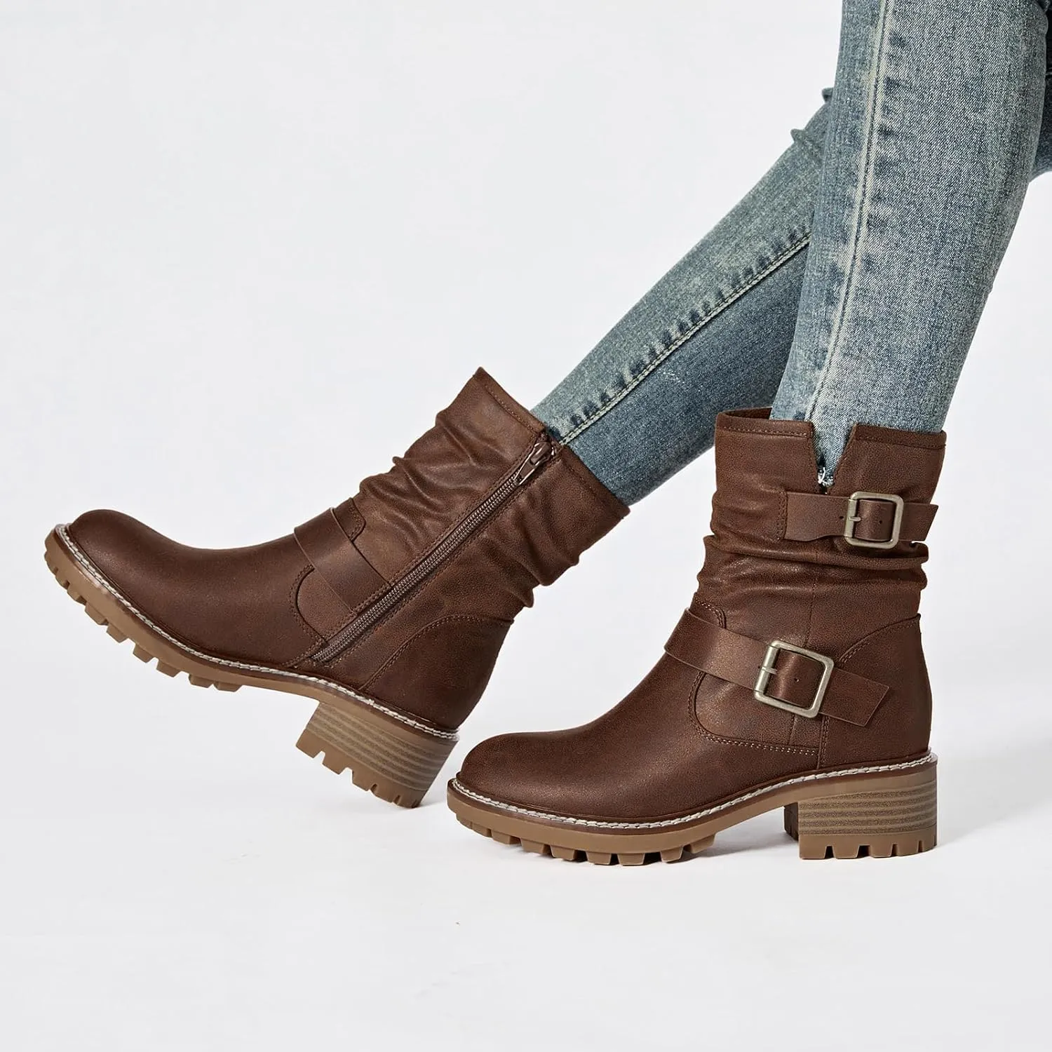 Women's Ankle Boots Slouchy Flat Ladies Booties Low Chunky Heeled Riding Combat Boot Comfortable Casual Round Toe Short Boots for Women.