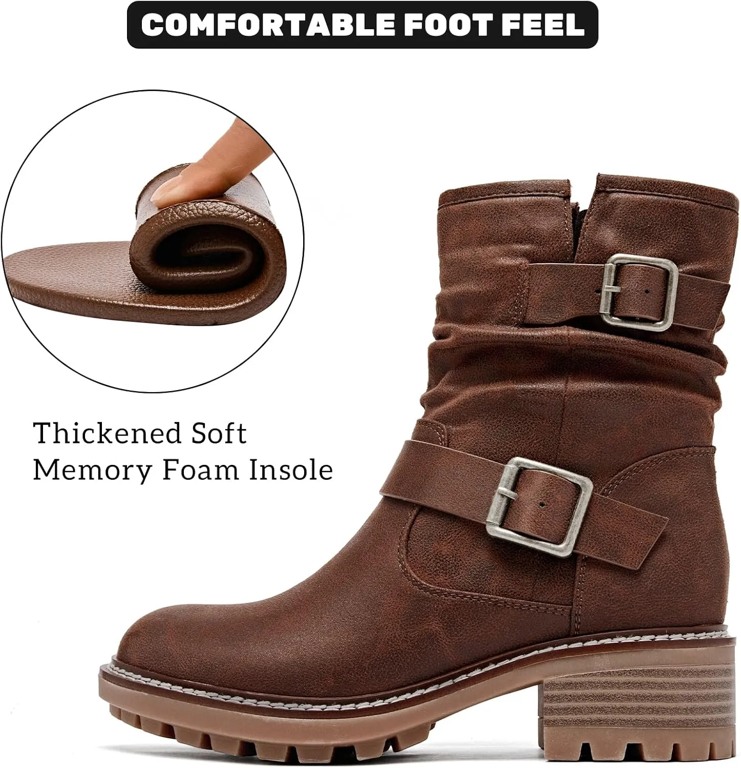 Women's Ankle Boots Slouchy Flat Ladies Booties Low Chunky Heeled Riding Combat Boot Comfortable Casual Round Toe Short Boots for Women.