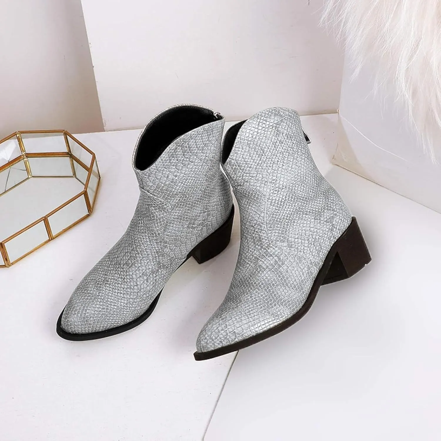 Women's Ankle Boots, Women's Artificial Snake Skin, Western Style Short Boots, Outdoor Boots
