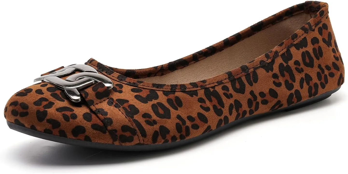 Women's Ballet Flats Dress Shoes for Women, Women Classic Round Toe Slip On Flat Walking Shoes, Women Casual Comfortable Soft Knit Black Leopard Flats Shoes