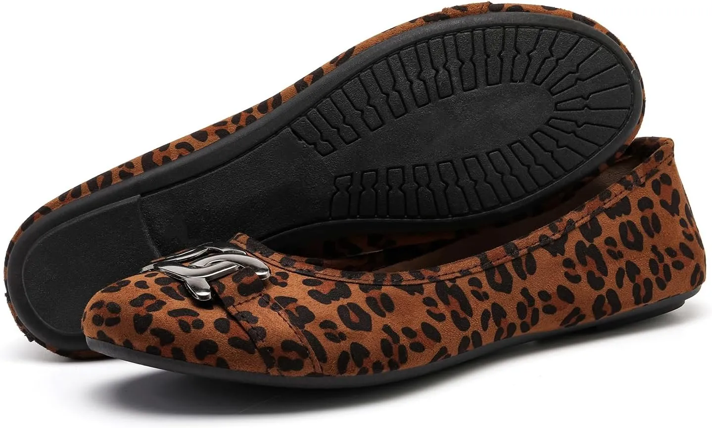 Women's Ballet Flats Dress Shoes for Women, Women Classic Round Toe Slip On Flat Walking Shoes, Women Casual Comfortable Soft Knit Black Leopard Flats Shoes