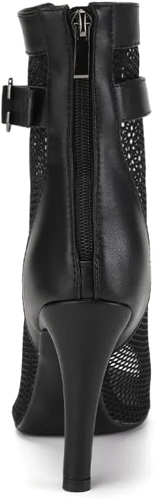 Women's Ballroom Dance Heels Booties Peep Toe Mesh Latin Salsa Dancing Boots with 4 Inch Heels