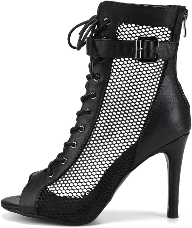 Women's Ballroom Dance Heels Booties Peep Toe Mesh Latin Salsa Dancing Boots with 4 Inch Heels