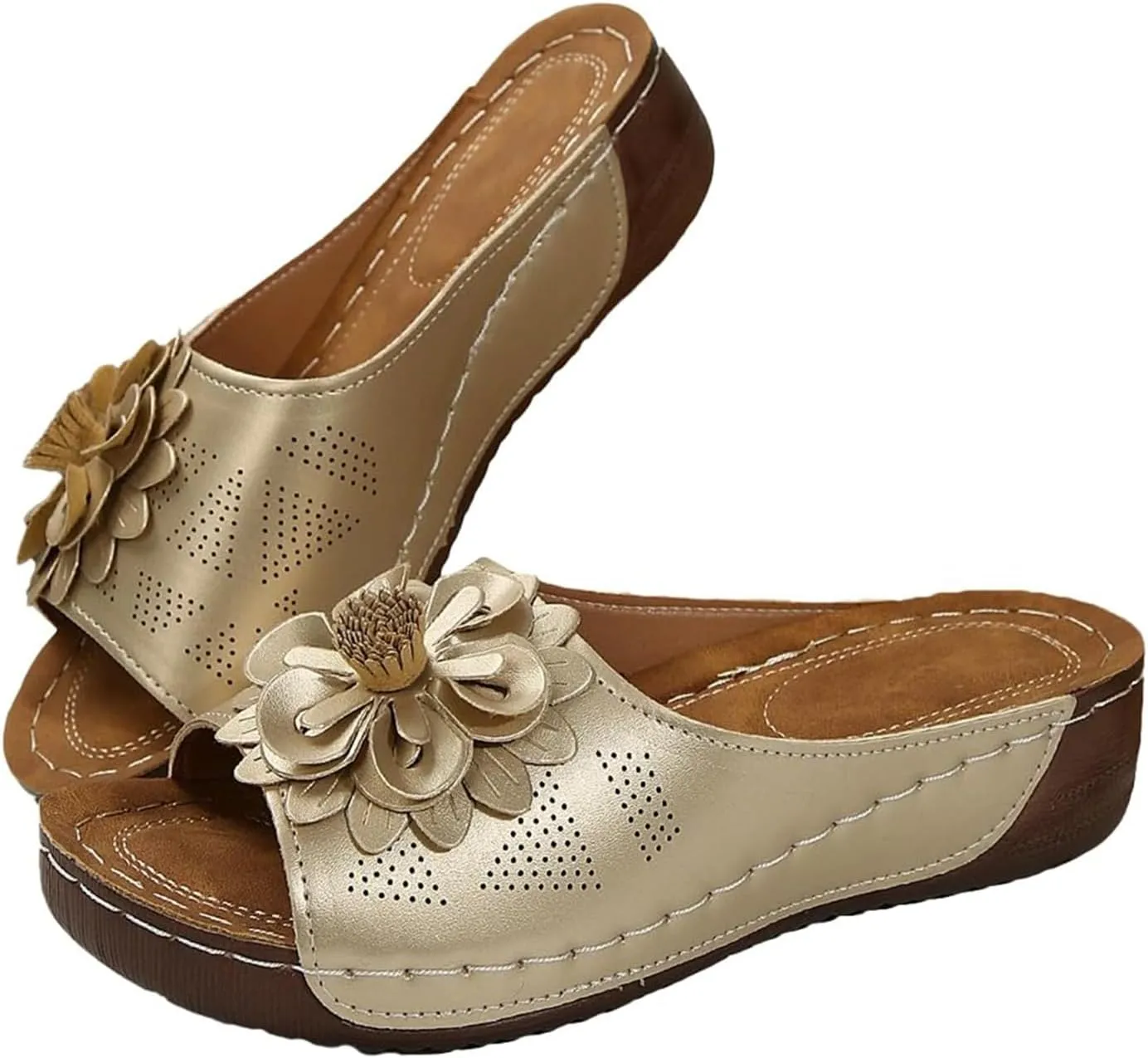 Womens Beach Sandals Chic Flowers Open Toe Non Slip Slippers Casual Dressy Walking Shoes Summer Slides for Women 2025 Fish Mouth Low Wedge Sandals Lightweight Comfortable