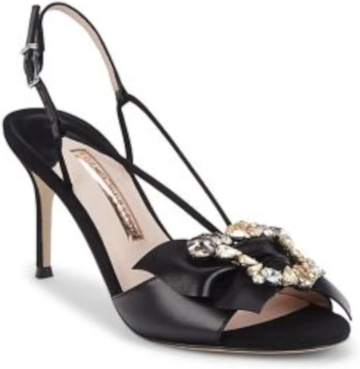 Womens Black Butterfly Padded Rhinestones Embellished Strappy Margaux Round Toe Stiletto Buckle Leather Dress Sandals Shoes 36.5