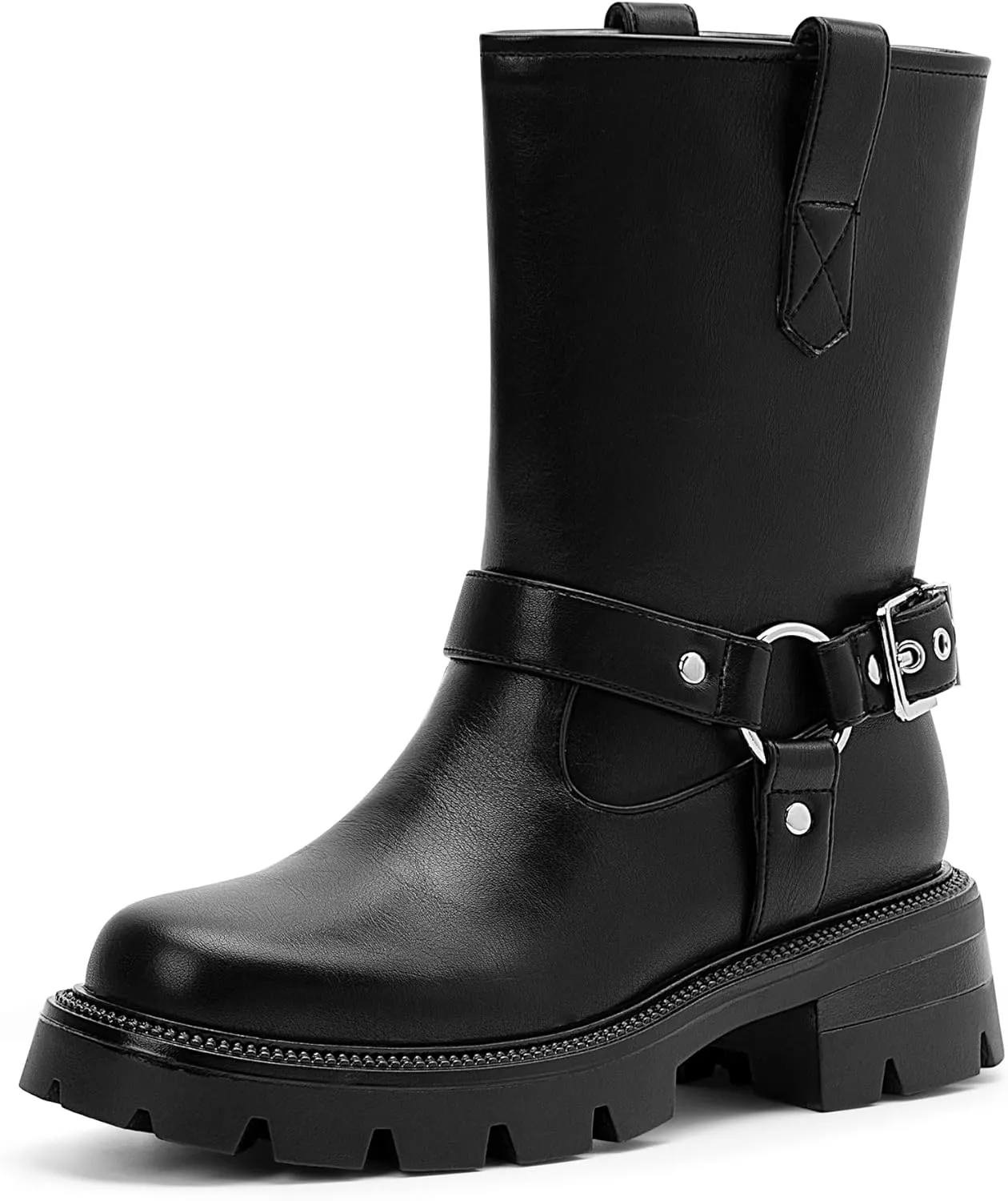 Women's Chunky Heel Round Toe Mid Calf Boots Buckle Strap Platform Biker Boots