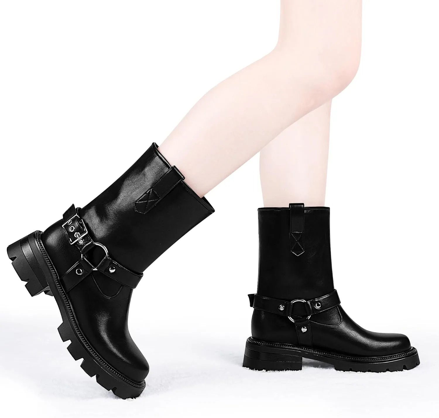 Women's Chunky Heel Round Toe Mid Calf Boots Buckle Strap Platform Biker Boots