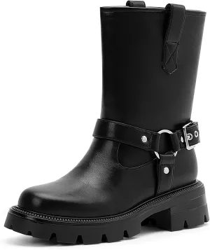 Women's Chunky Heel Round Toe Mid Calf Boots Buckle Strap Platform Biker Boots