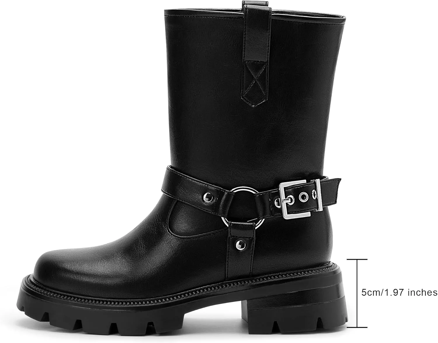Women's Chunky Heel Round Toe Mid Calf Boots Buckle Strap Platform Biker Boots