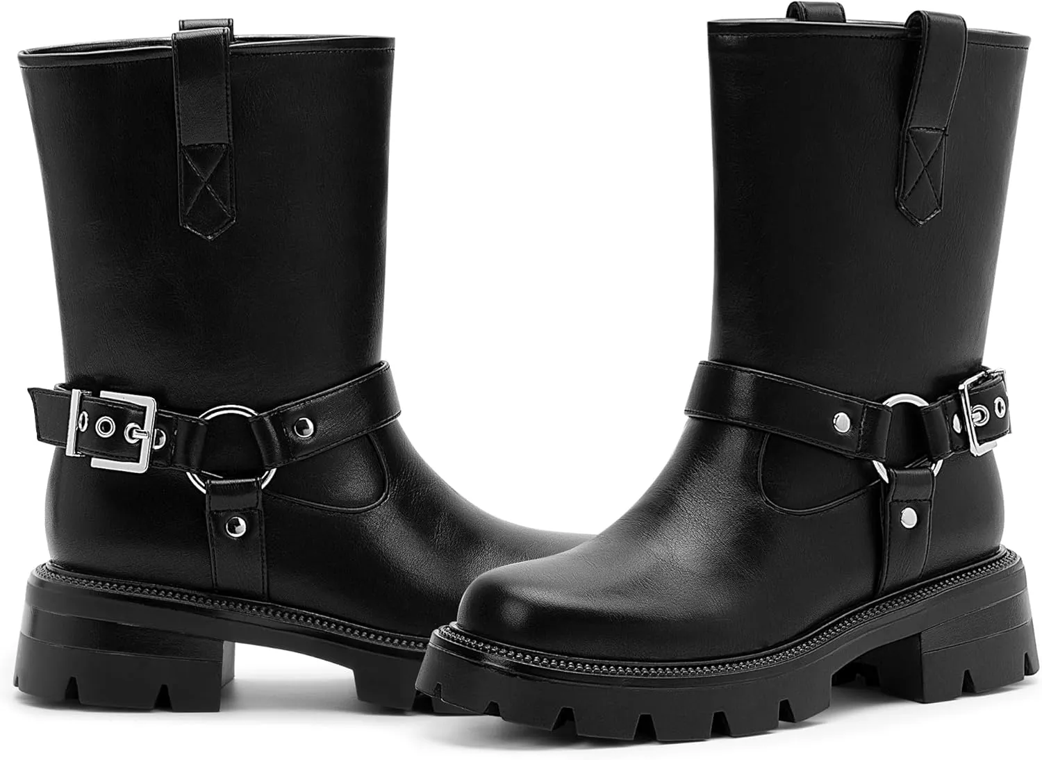 Women's Chunky Heel Round Toe Mid Calf Boots Buckle Strap Platform Biker Boots