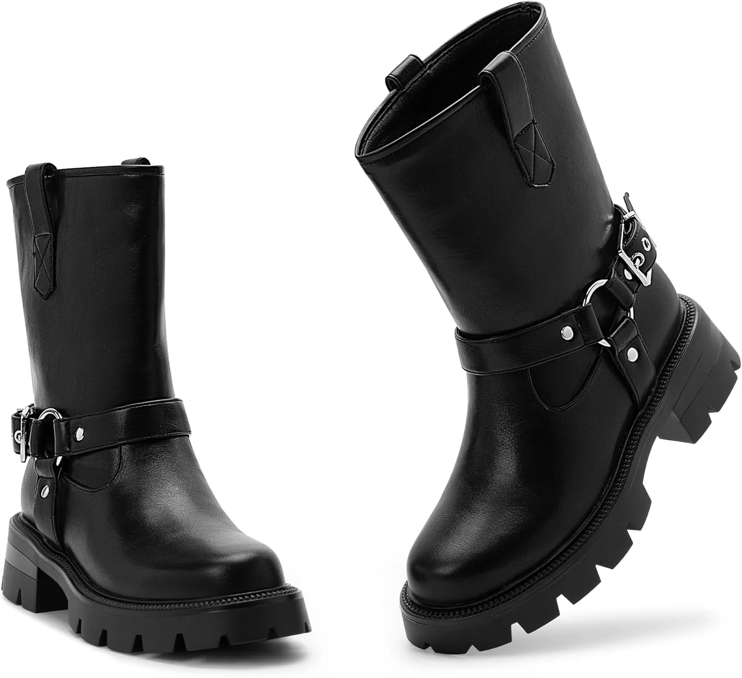 Women's Chunky Heel Round Toe Mid Calf Boots Buckle Strap Platform Biker Boots