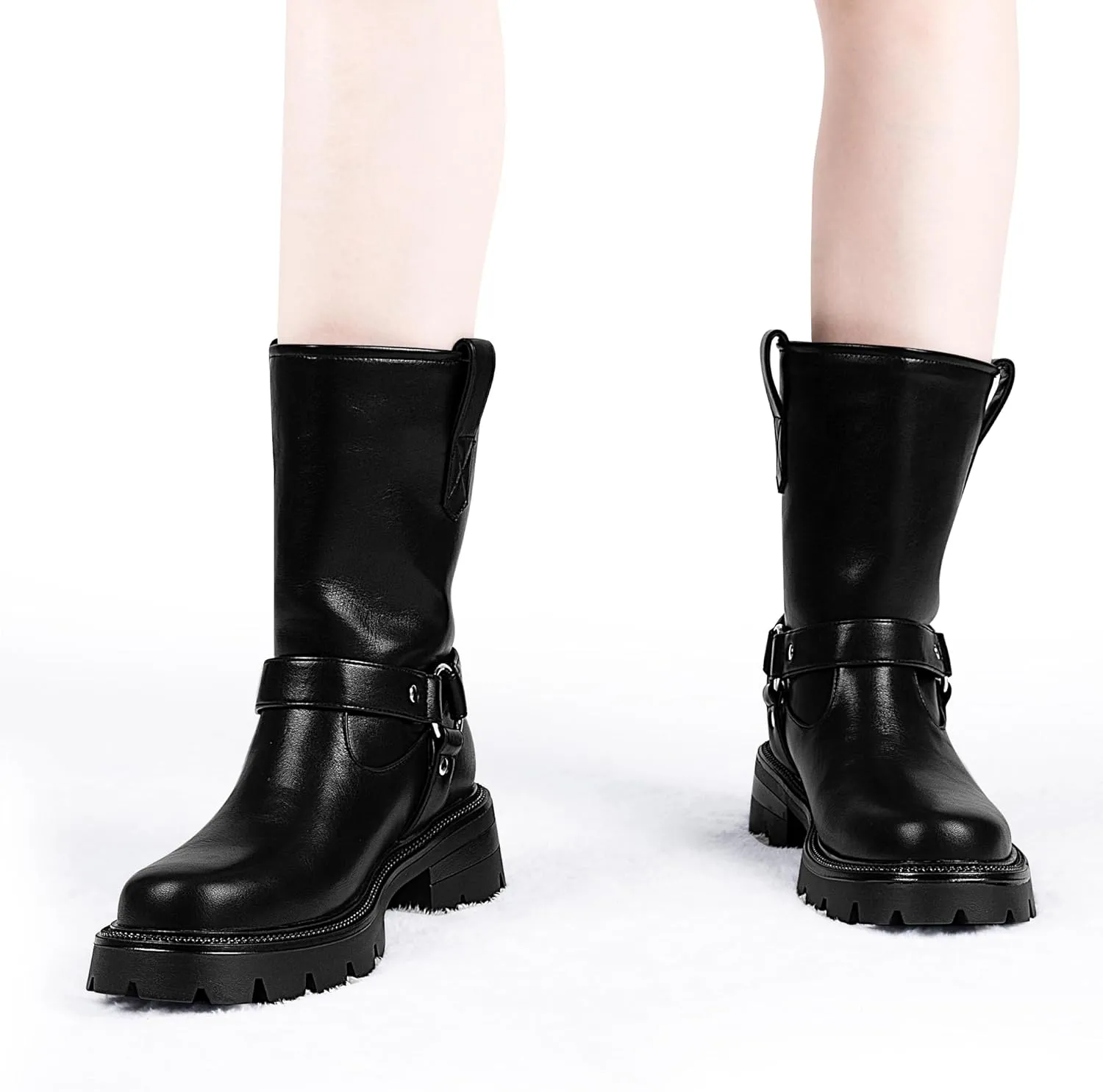 Women's Chunky Heel Round Toe Mid Calf Boots Buckle Strap Platform Biker Boots