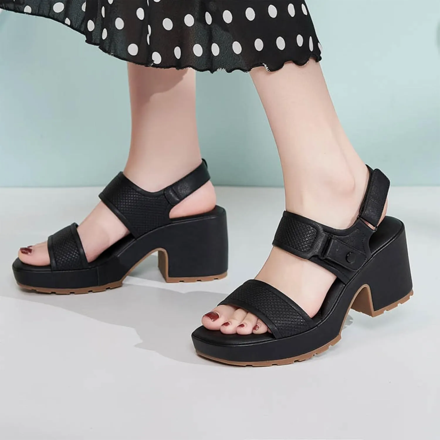 Women's Chunky High Heel Sandals - Round Open Toe Platform Dress Sandals with Adjustable Hook Loop | Comfortable Lightweight Anti-Slip for Office Party & Walking