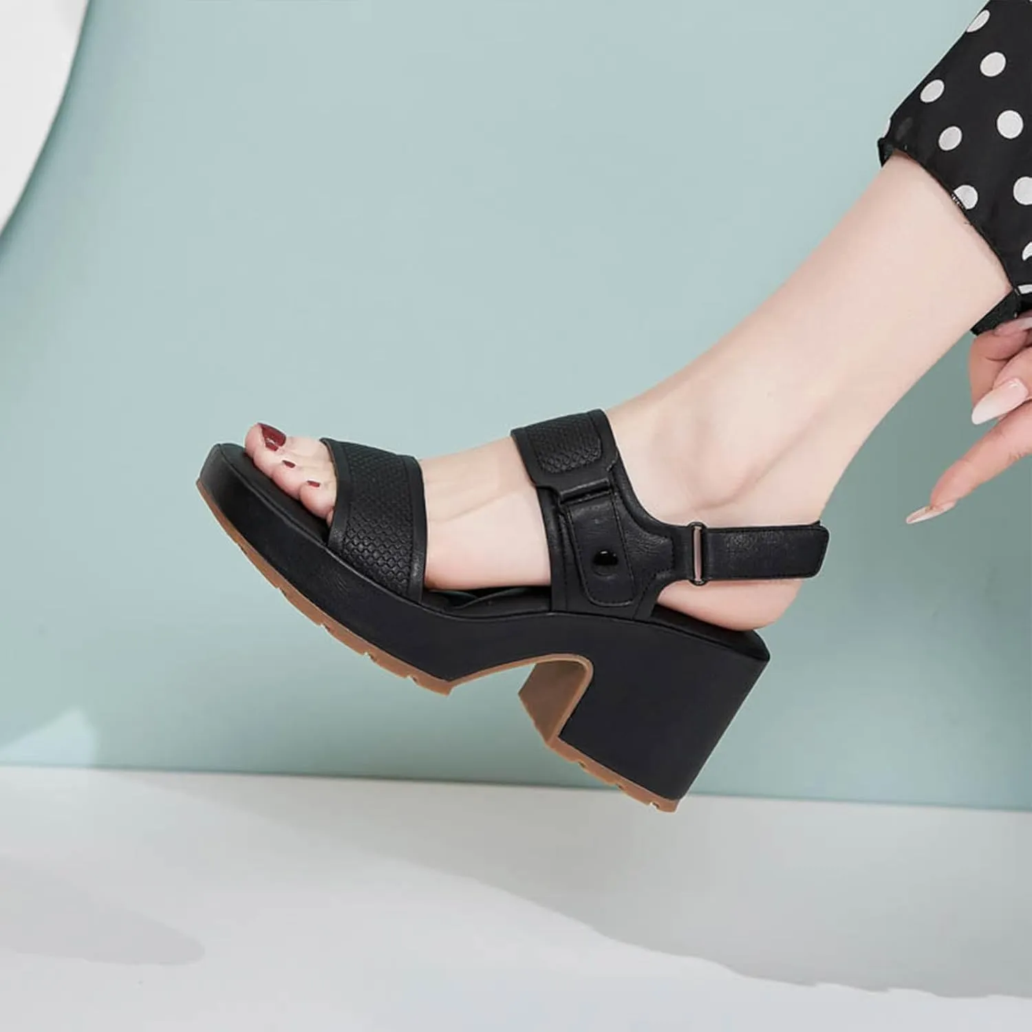 Women's Chunky High Heel Sandals - Round Open Toe Platform Dress Sandals with Adjustable Hook Loop | Comfortable Lightweight Anti-Slip for Office Party & Walking