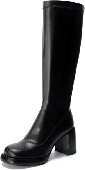 Women's Chunky Platfrom Block Heel Round Toe Shoes Side Zipper Soft Comfortable Stretched Black Matte PU Leather Sexy Knee High Boots