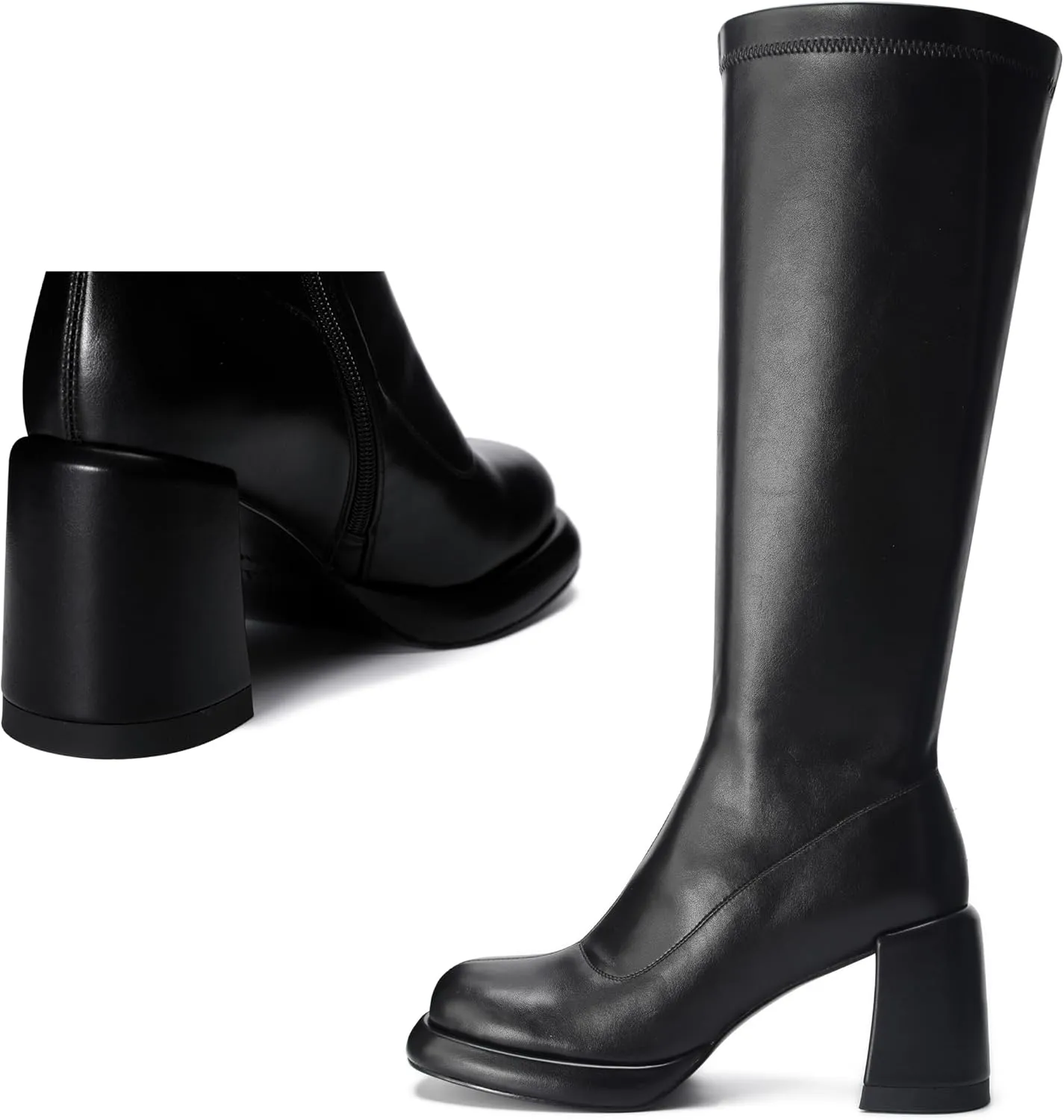 Women's Chunky Platfrom Block Heel Round Toe Shoes Side Zipper Soft Comfortable Stretched Black Matte PU Leather Sexy Knee High Boots