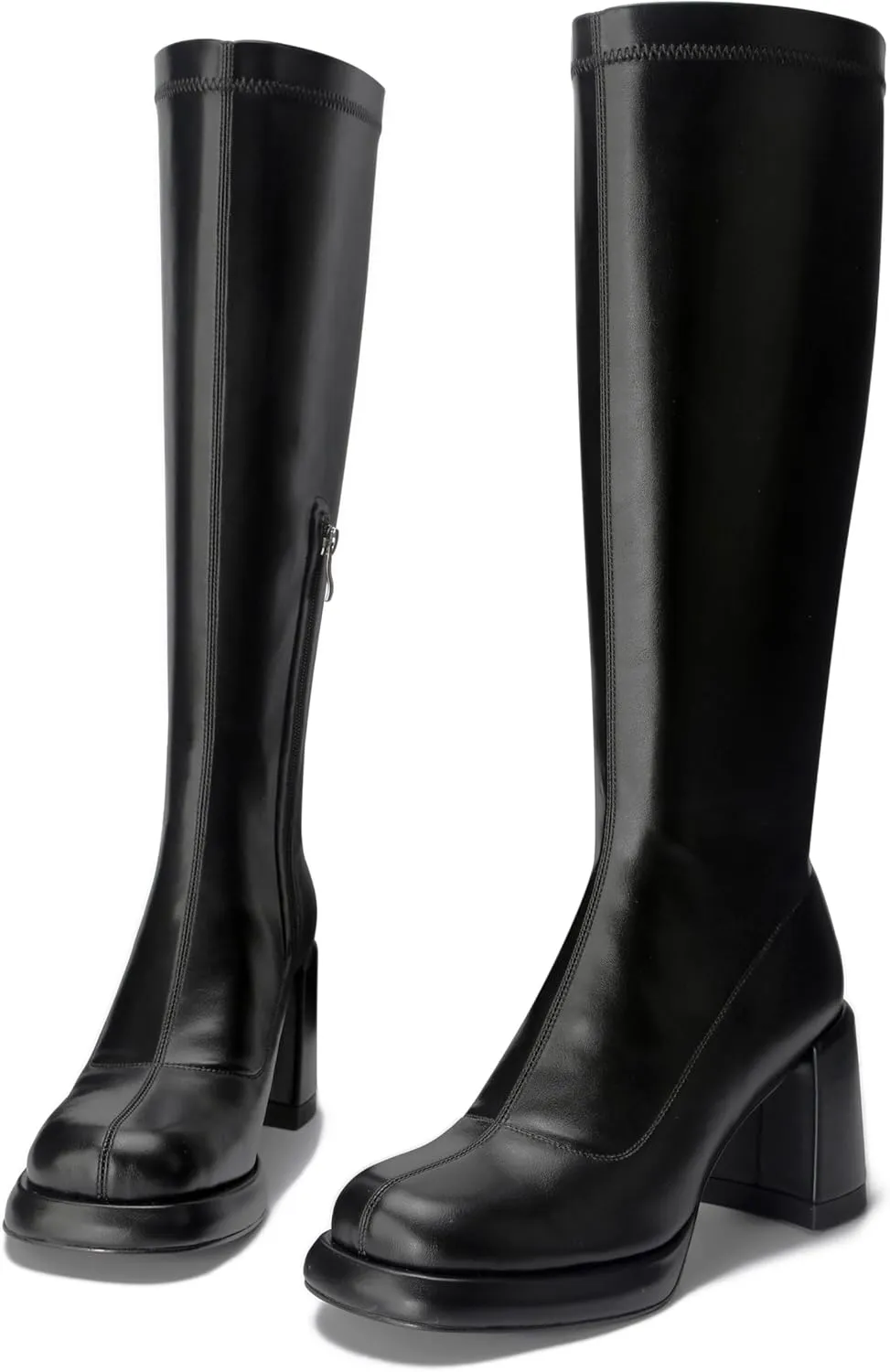 Women's Chunky Platfrom Block Heel Round Toe Shoes Side Zipper Soft Comfortable Stretched Black Matte PU Leather Sexy Knee High Boots