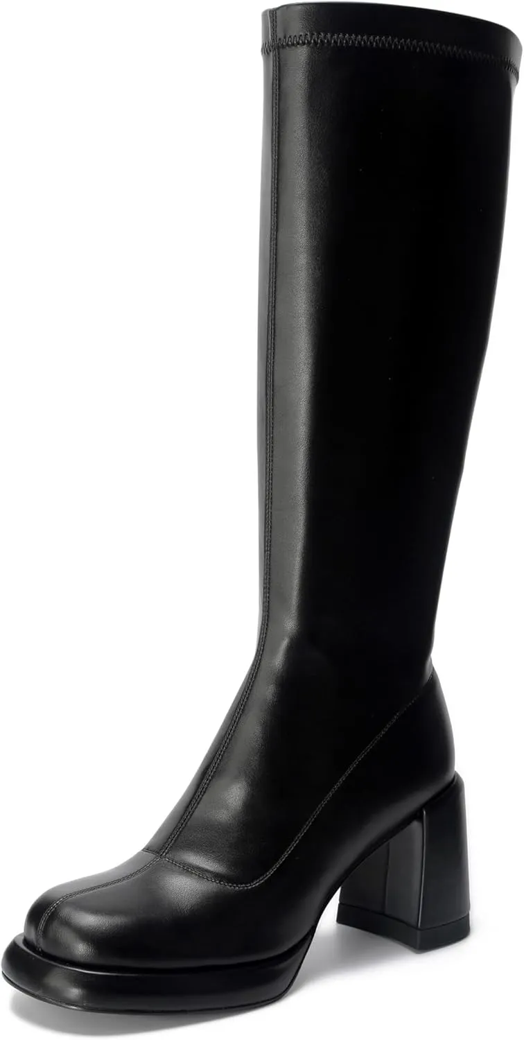 Women's Chunky Platfrom Block Heel Round Toe Shoes Side Zipper Soft Comfortable Stretched Black Matte PU Leather Sexy Knee High Boots